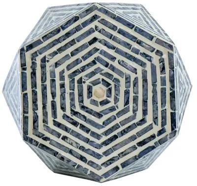 18 Inch Accent Table Stool, Hexagonal Design, Diamond Pattern, Blue, White - Benzara