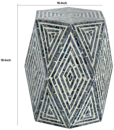 18 Inch Accent Table Stool, Hexagonal Design, Diamond Pattern, Blue, White - Benzara