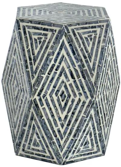 18 Inch Accent Table Stool, Hexagonal Design, Diamond Pattern, Blue, White - Benzara