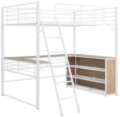 Full Size Metal Loft Bed With 3 Layers Of Shelves And L-Shaped Desk, White