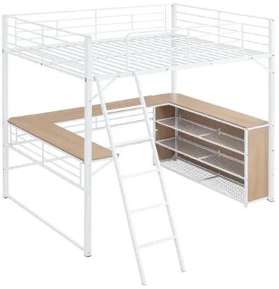 Full Size Metal Loft Bed With 3 Layers Of Shelves And L-Shaped Desk, White