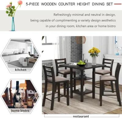 Merax 5-Piece Wooden Counter Height Dining Set with Padded Chairs and Storage Shelving