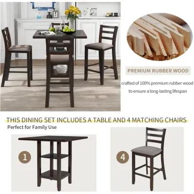 Merax 5-Piece Wooden Counter Height Dining Set with Padded Chairs and Storage Shelving