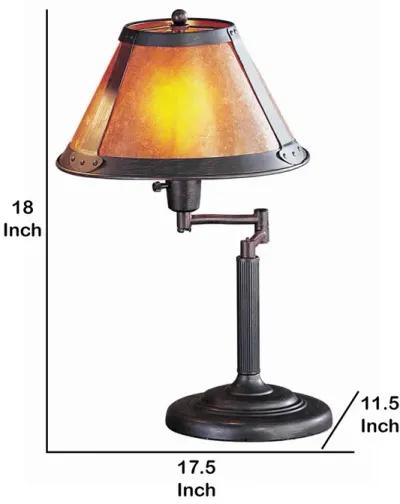 Metal Body Swing Arm Table Lamp with Conical Mica Shade, Bronze-Benzara