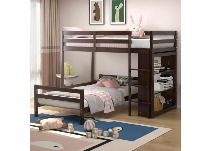 Twin Over Twin Loft Bunk Bed with Bookcase-Gray