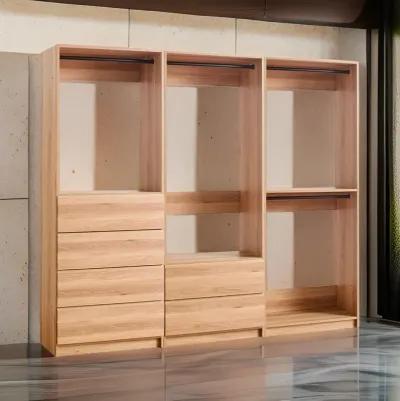 Dee Modular Closet System, Freestanding, 4 Clothing Racks, 6 Drawers, Oak  - Benzara