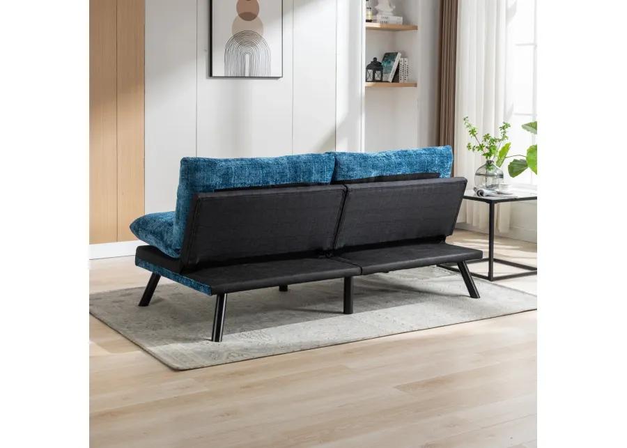 Chenille Blue Futon Sofa Bed with Adjustable Metal Legs