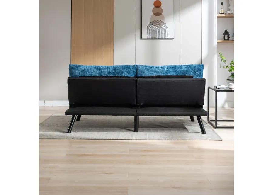 Chenille Blue Futon Sofa Bed with Adjustable Metal Legs