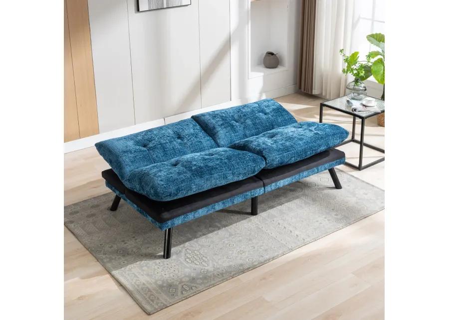 Chenille Blue Futon Sofa Bed with Adjustable Metal Legs