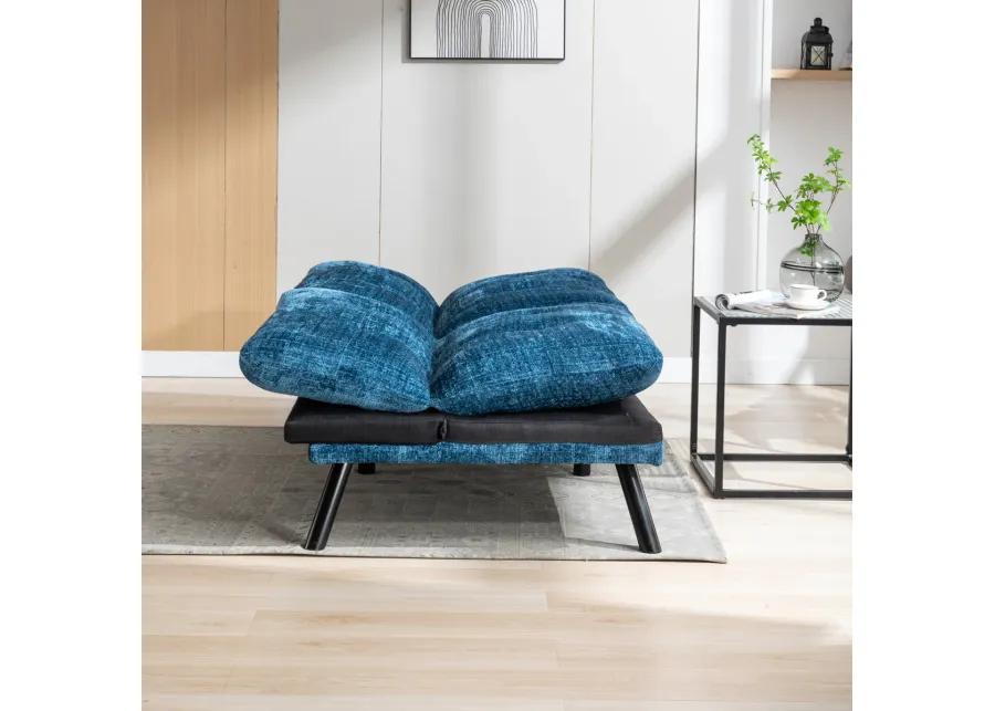 Chenille Blue Futon Sofa Bed with Adjustable Metal Legs