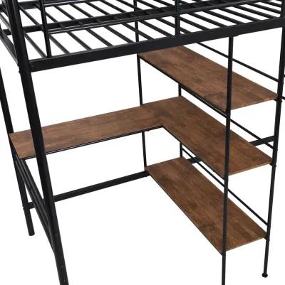 Twin Size Metal Loft Bed and Built-in Desk and Shelves