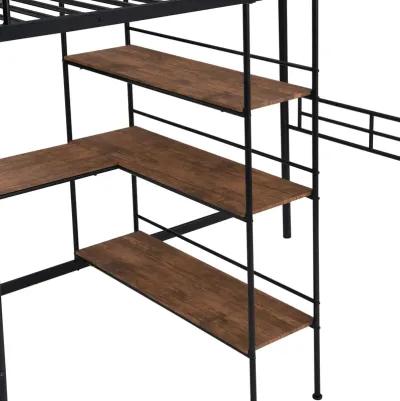 Twin Size Metal Loft Bed and Built-in Desk and Shelves