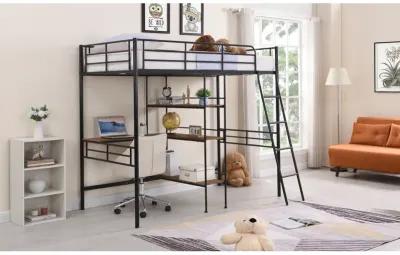 Twin Size Metal Loft Bed and Built-in Desk and Shelves