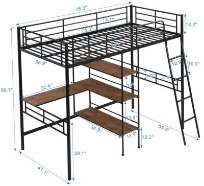 Twin Size Metal Loft Bed and Built-in Desk and Shelves