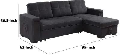 Oby 95 Inch Reversible Sleeper Sectional Sofa, Storage Chaise, USB, Black - Benzara