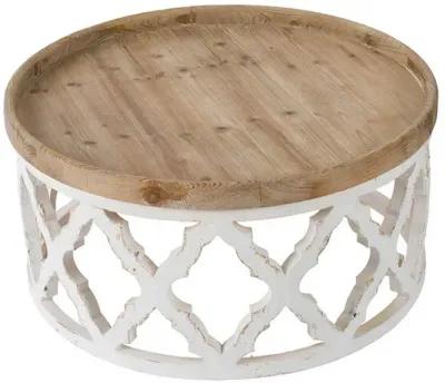 Ode 32 Inch Coffee Table, Round, Quatrefoil Lattice Design, Brown, White-Benzara