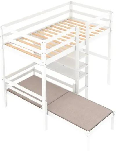 Convertible Loft Bed With L-Shaped Desk, Twin Bunk Bed With Shelves And Ladder