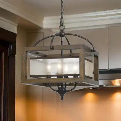 4 Bulb Semi Flush Pendant with Wooden Frame and Organza Striped Shade,Brown-Benzara