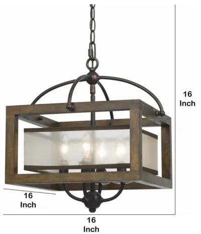 4 Bulb Semi Flush Pendant with Wooden Frame and Organza Striped Shade,Brown-Benzara