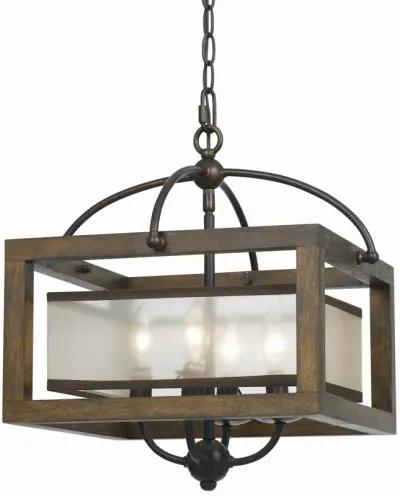 4 Bulb Semi Flush Pendant with Wooden Frame and Organza Striped Shade,Brown-Benzara