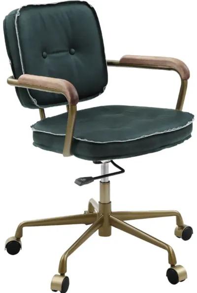 Office Chair with Leather Seat and Button Tufted Back, Green-Benzara