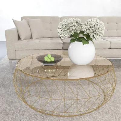 LeisureMod Malibu Modern Round Glass Top Coffee Table With Metal Base