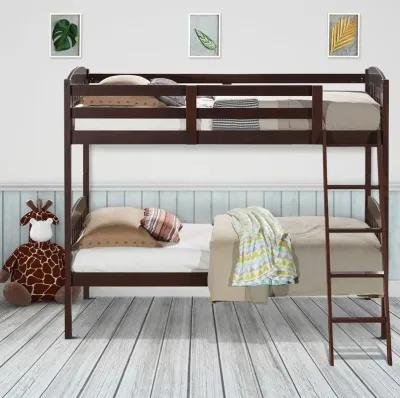 Twin over Twin Wooden Bunk Bed with Ladder in Dark Brown Finish