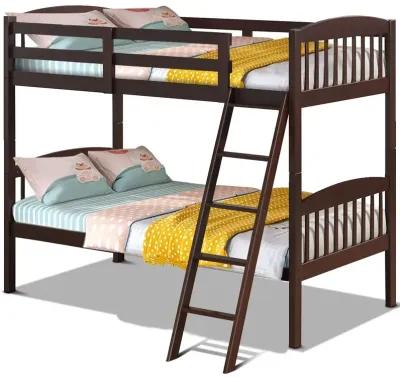 Twin over Twin Wooden Bunk Bed with Ladder in Dark Brown Finish