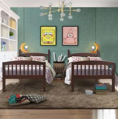 Twin over Twin Wooden Bunk Bed with Ladder in Dark Brown Finish