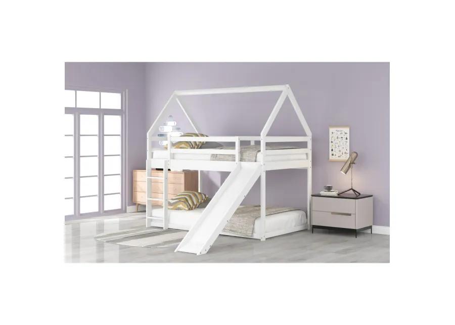 Twin Size Bunk House Bed with Slide and Ladder