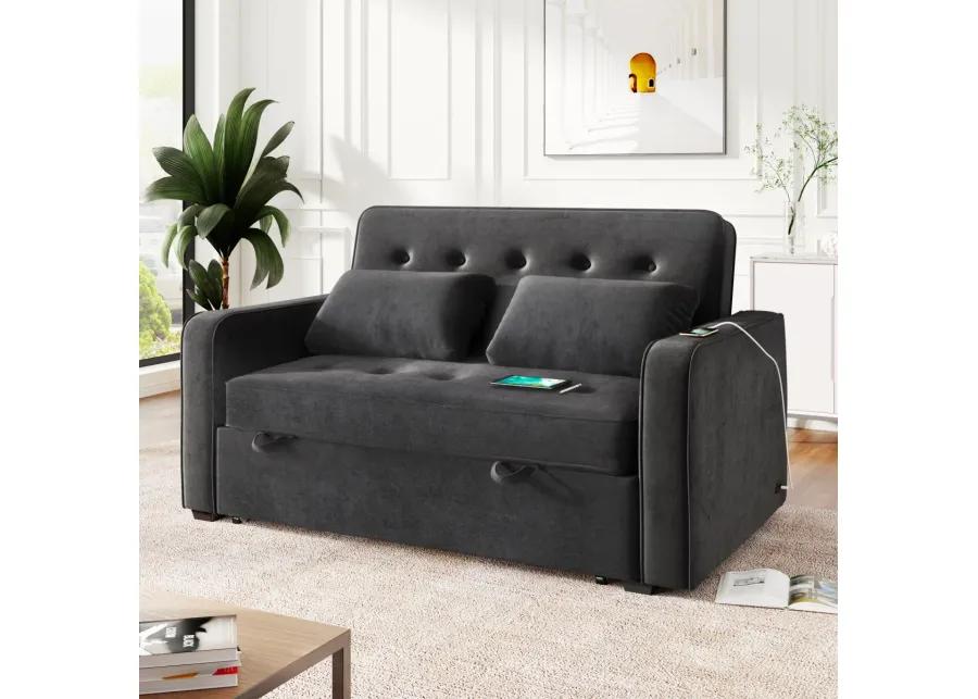 65.7" Velvet Upholstered Sleeper Bed, PUll Out Sofa Bed Couch attached two throw pillows, Dual USB Charging Port and Adjustable Backrest for Living Room Space, Black