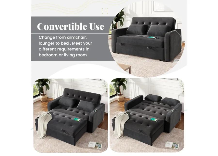 65.7" Velvet Upholstered Sleeper Bed, PUll Out Sofa Bed Couch attached two throw pillows, Dual USB Charging Port and Adjustable Backrest for Living Room Space, Black