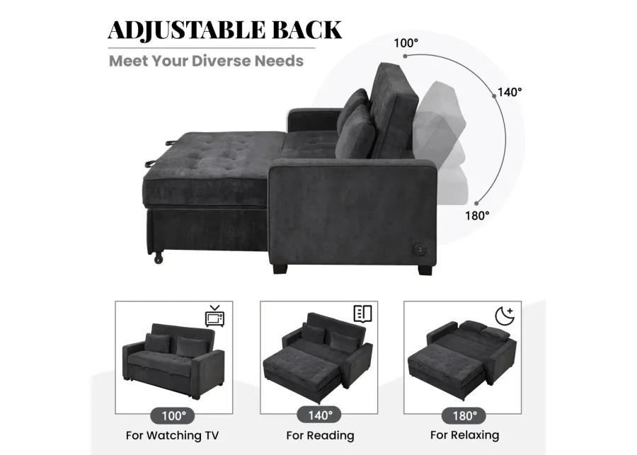 65.7" Velvet Upholstered Sleeper Bed, PUll Out Sofa Bed Couch attached two throw pillows, Dual USB Charging Port and Adjustable Backrest for Living Room Space, Black