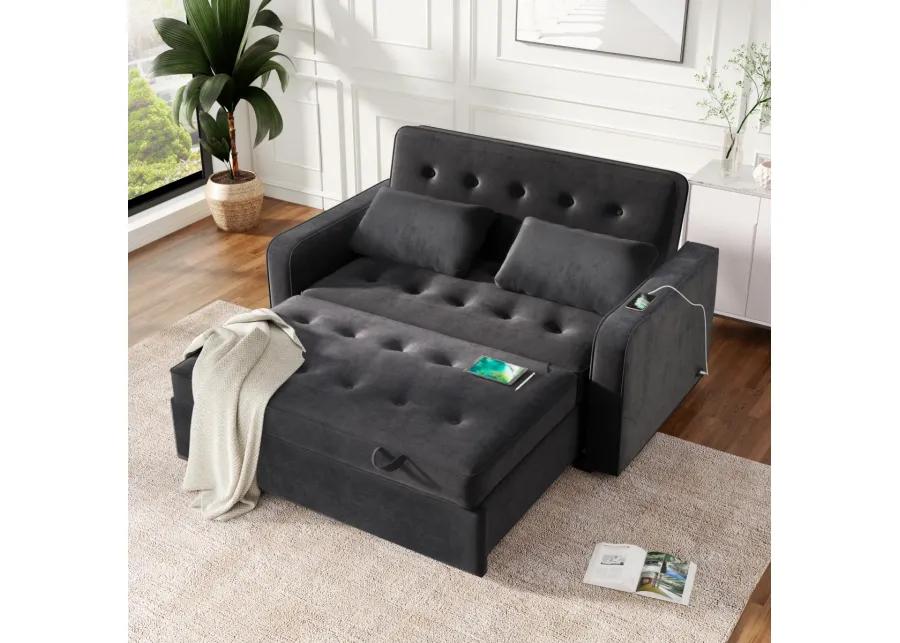 65.7" Velvet Upholstered Sleeper Bed, PUll Out Sofa Bed Couch attached two throw pillows, Dual USB Charging Port and Adjustable Backrest for Living Room Space, Black