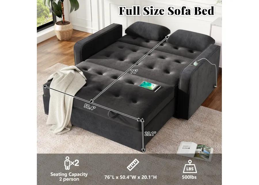 65.7" Velvet Upholstered Sleeper Bed, PUll Out Sofa Bed Couch attached two throw pillows, Dual USB Charging Port and Adjustable Backrest for Living Room Space, Black