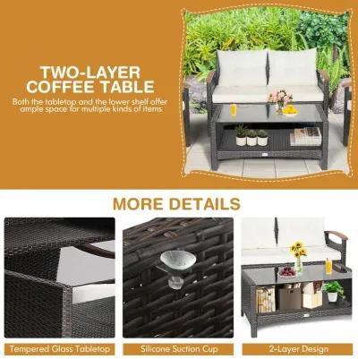 4 Pieces Patio Rattan Furniture Set with Cushioned Sofa and Storage Table