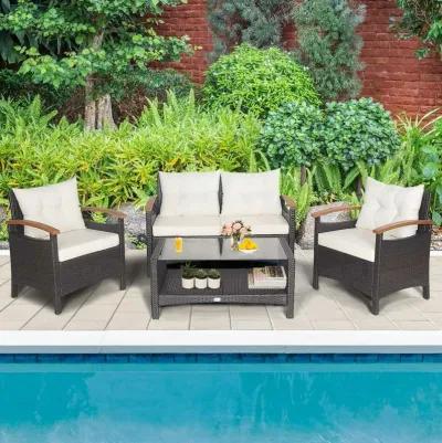 4 Pieces Patio Rattan Furniture Set with Cushioned Sofa and Storage Table