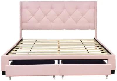 Queen Size Storage Bed Linen Upholstered Platform Bed With Two Drawers - Pink