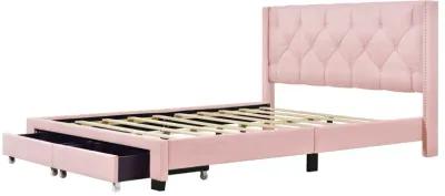 Queen Size Storage Bed Linen Upholstered Platform Bed With Two Drawers - Pink