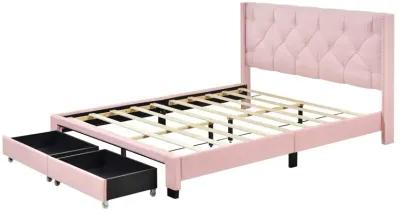 Queen Size Storage Bed Linen Upholstered Platform Bed With Two Drawers - Pink