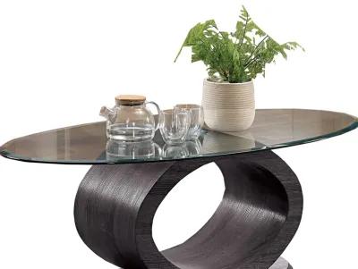 Tempered Glass Top Coffee Table with O Shape Wooden Shape Base, Gray-Benzara