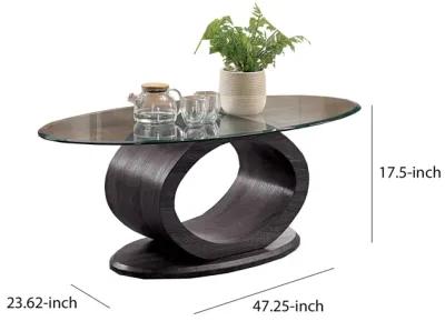 Tempered Glass Top Coffee Table with O Shape Wooden Shape Base, Gray-Benzara