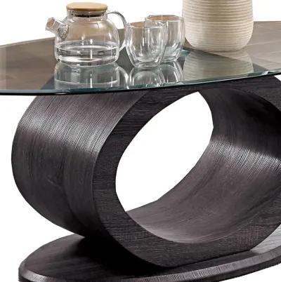 Tempered Glass Top Coffee Table with O Shape Wooden Shape Base, Gray-Benzara