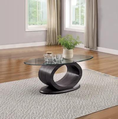 Tempered Glass Top Coffee Table with O Shape Wooden Shape Base, Gray-Benzara