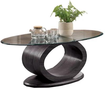 Tempered Glass Top Coffee Table with O Shape Wooden Shape Base, Gray-Benzara