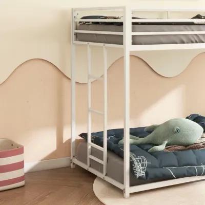 Adam Twin over Twin Metal Bunk Bed Frame with Guardrails, Durable Square Tube Frame, Easy Assembly, No Box Spring Needed, White