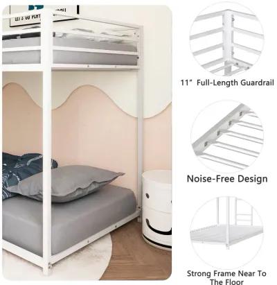 Adam Twin over Twin Metal Bunk Bed Frame with Guardrails, Durable Square Tube Frame, Easy Assembly, No Box Spring Needed, White