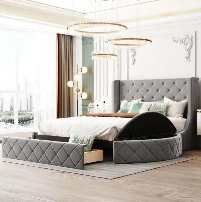 Upholstered Platform Bed Queen Size Storage Velvet Bed With Wingback Headboard And 1 Drawer