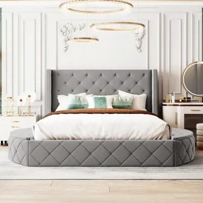 Upholstered Platform Bed Queen Size Storage Velvet Bed With Wingback Headboard And 1 Drawer