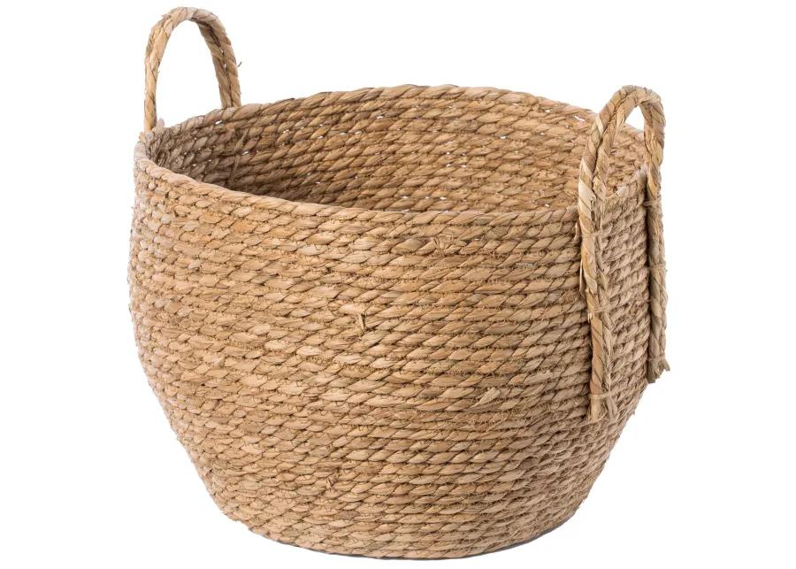 Decorative Round Wicker Woven Rope Storage Blanket Basket with Braided Handles - Large